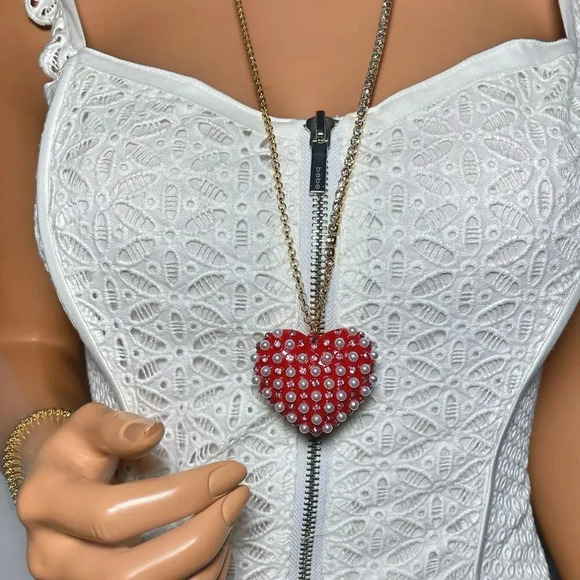 Betsey Johnson Faux Pearl & Pink Rhinestone Red Heart Necklace - Picture 3 of 9